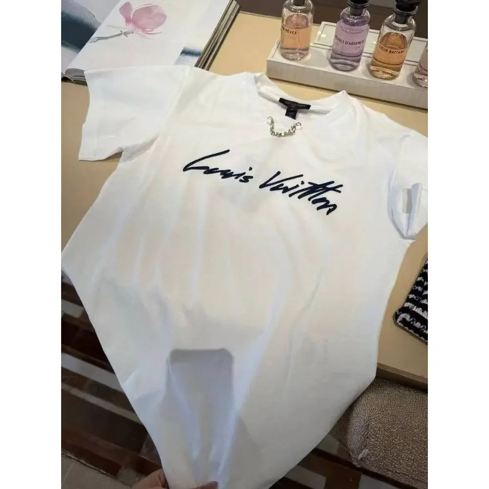 LOUIS VUITTON Cursive Signature T-Shirt White Black Large Medium Women 1AII22